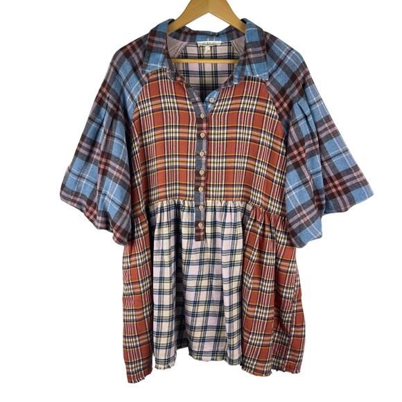 Oli & Hali Tops - Oli & Hali Mixed Plaid Patchwork Flannel Tunic Henley Top Women's Large Boho